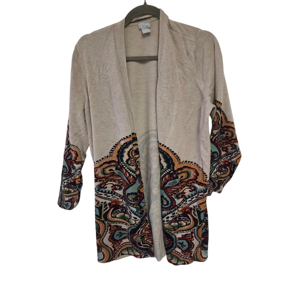 Chicos Open Front Cardigan Beige Paisley Border Print Knit Sweater Size 2 L